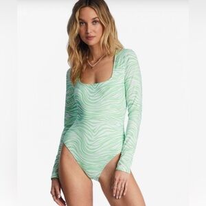 Billabong One Piece Long Sleeve SquareNeck Swimsuit Lime Green Summer Size M